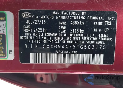 2015 Kia Optima Lx из США, поврежденный, VIN 5XXGM4A75FG502175